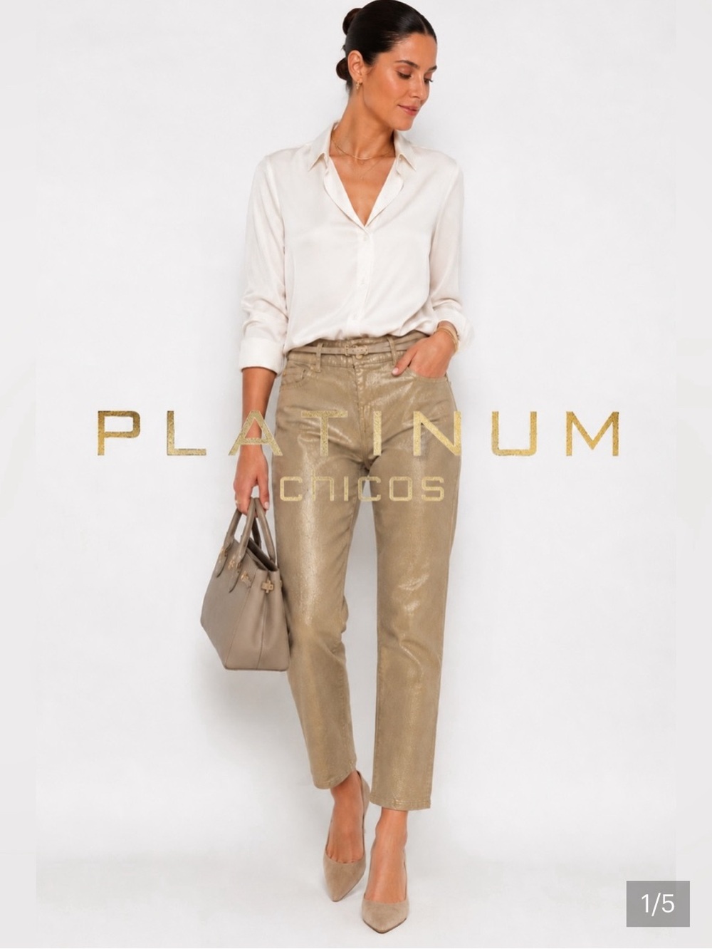 Chico’s Platinum Gold Metallic Jeans Size 1.5